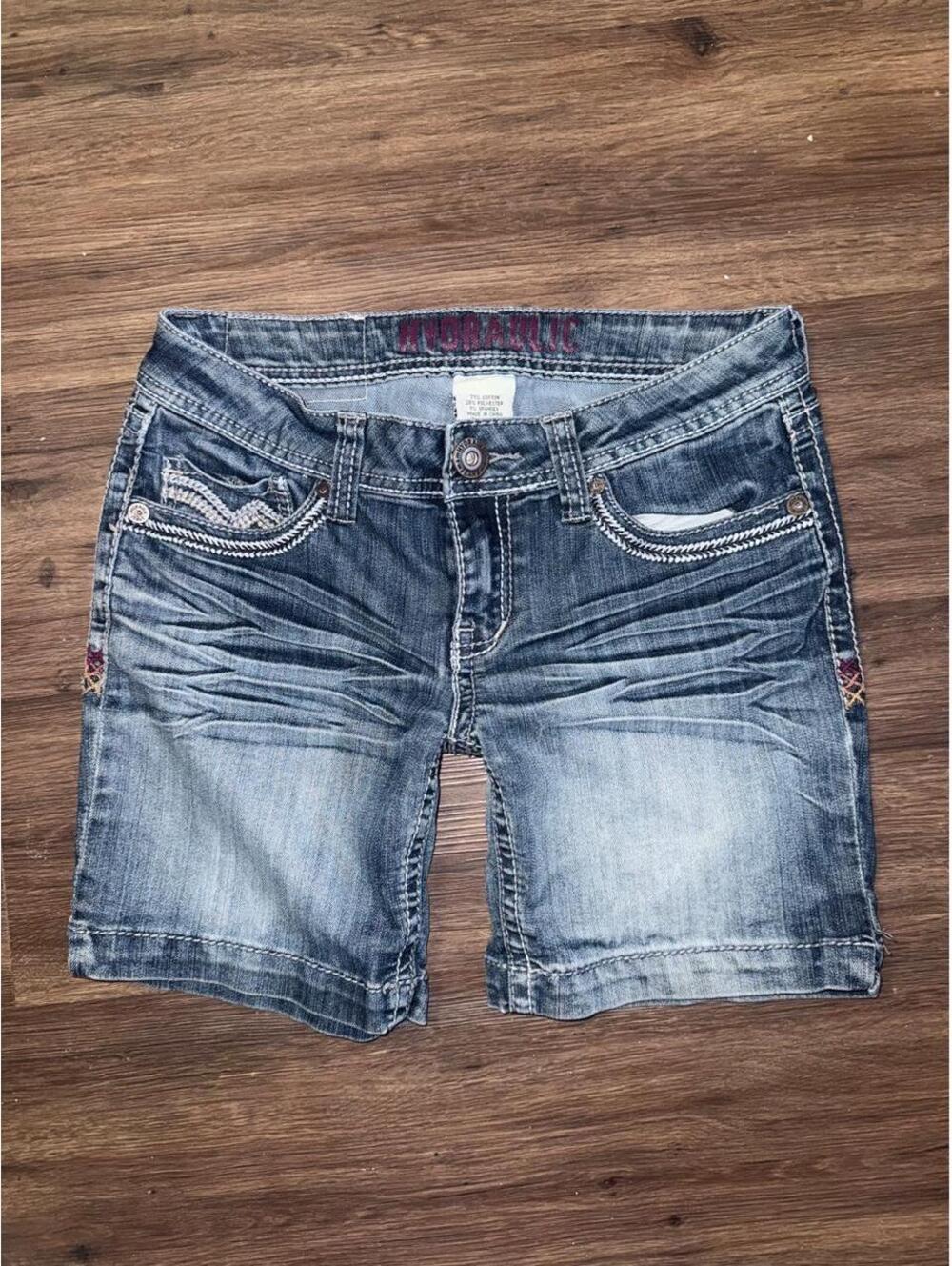 Hydraulic Embroidered Y2K Denim Shorts | Mid Rise Bermuda Jean Shorts
